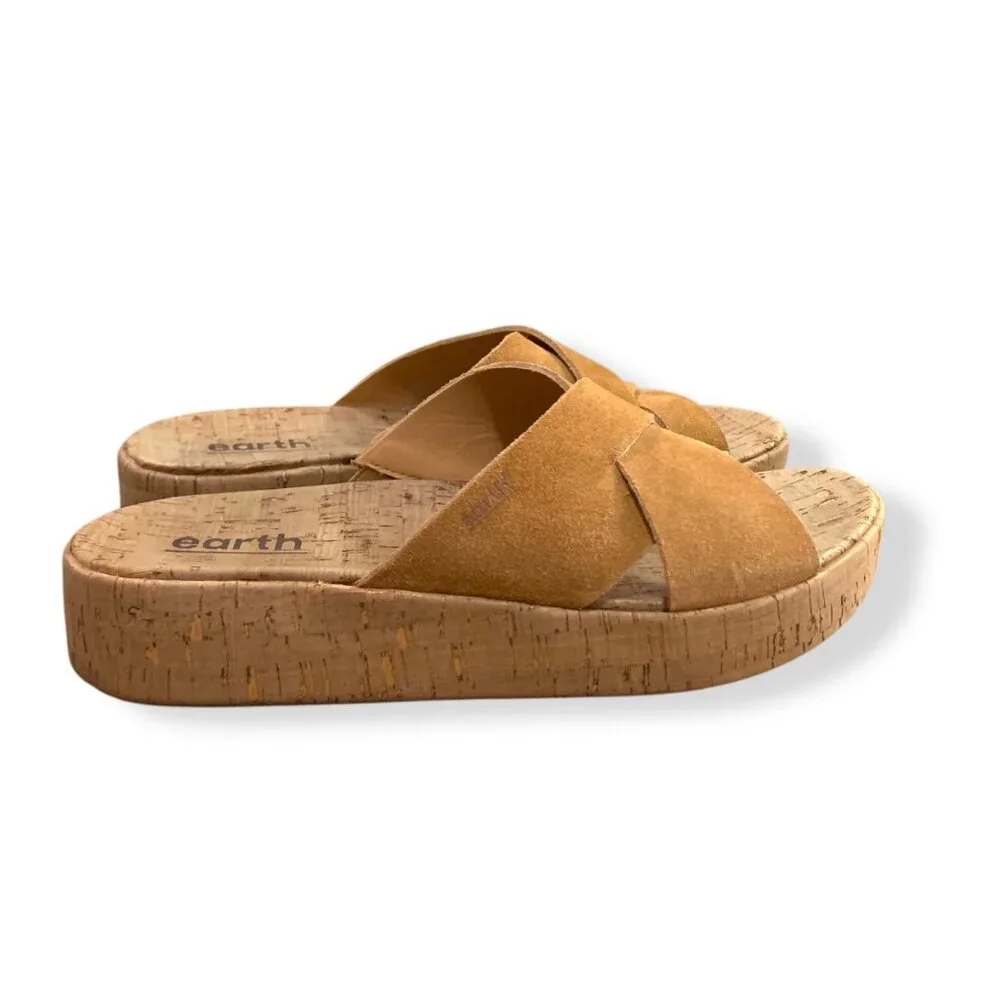 Women's Earth Cork Wedge Cross Strap Sandals Sz 8 Tan Suede Slip-On‎ Resort Pool